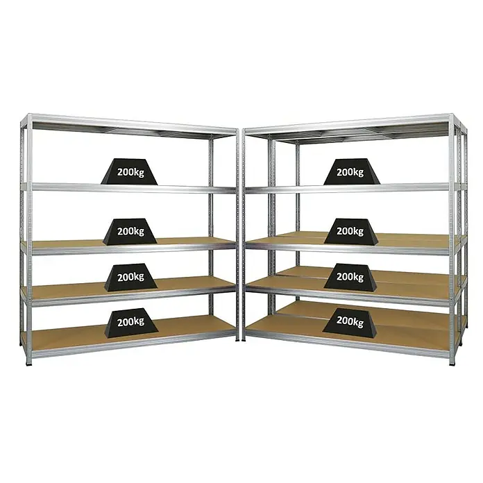 Proregal Schwerlastregal Mega Deal Giant Elephant - H x B x T: 180 x 180 x 45 cm, Traglast pro Boden: 200 kg, Anzahl Böden: 5 Stk., Stecken, Verzinkt - Zwei Metallregale mit je vier Ablagen, die mit 200 kg schweren Gewichten belastet sind. Die Regale sind robust und ideal für Lagerzwecke.