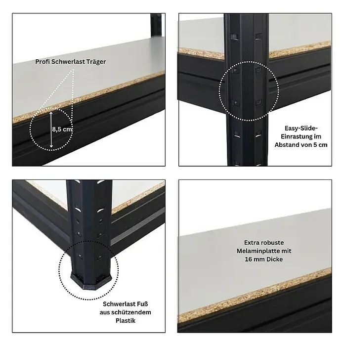 Proregal Schwerlastregal Mega Deal DINO - H x B x T: 180 x 200 x 60 cm, Traglast pro Boden: 500 kg, Anzahl Böden: 4 Stk., Stecken, Schwarz - Details des Schwerlastregals mit stabiler Konstruktion und verstellbaren Böden für hohe Belastbarkeit.