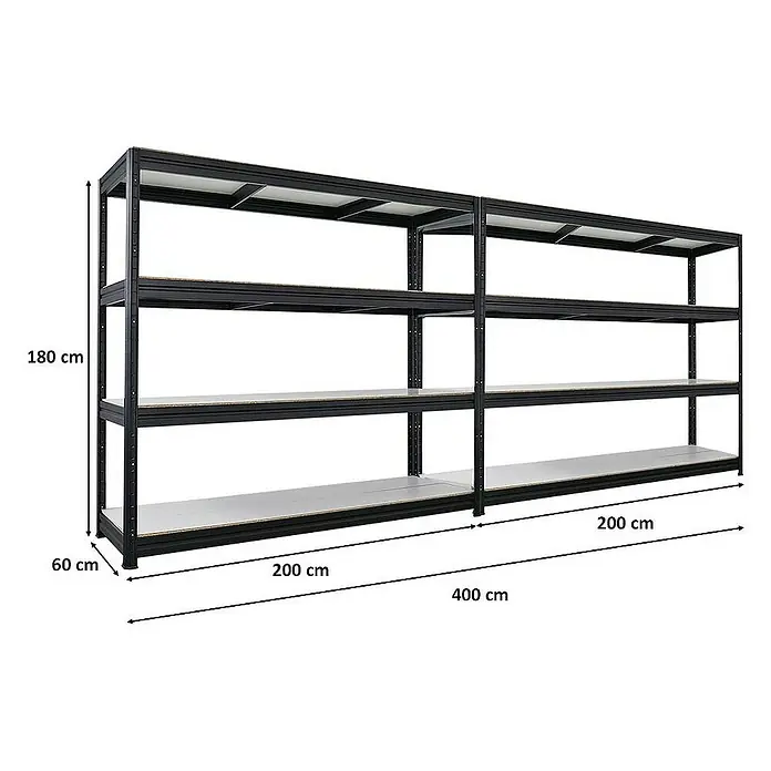 Proregal Schwerlastregal Mega Deal DINO - H x B x T: 180 x 200 x 60 cm, Traglast pro Boden: 500 kg, Anzahl Böden: 4 Stk., Stecken, Schwarz - Produktbild eines schwarzen Metallregals mit vier Ebenen und den Maßen 180 cm Höhe, 60 cm Tiefe und 400 cm Länge.