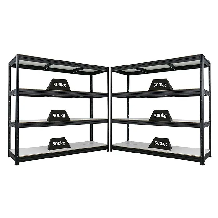 Proregal Schwerlastregal Mega Deal DINO - H x B x T: 180 x 200 x 60 cm, Traglast pro Boden: 500 kg, Anzahl Böden: 4 Stk., Stecken, Schwarz - Zwei schwarze Schwerlastregale mit jeweils drei Regalböden, die mit 500kg Gewichten belastet sind. Robuste und stabile Lagerlösung.