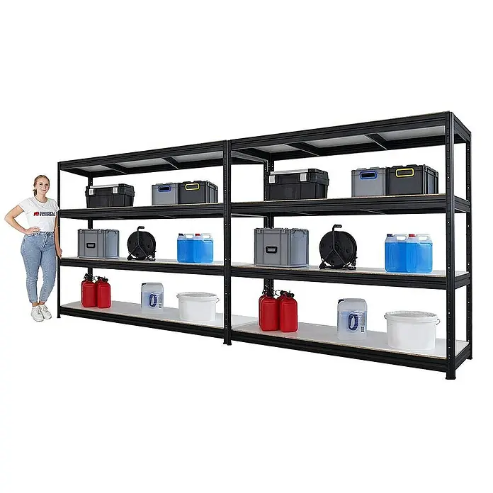 Proregal Schwerlastregal Mega Deal DINO - H x B x T: 180 x 200 x 60 cm, Traglast pro Boden: 500 kg, Anzahl Böden: 4 Stk., Stecken, Schwarz - Regal mit vier Ebenen, das viel Stauraum bietet, ideal für Keller, Garage oder Lager.