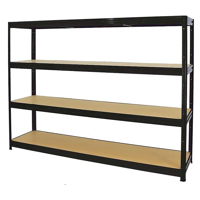 Proregal Schwerlastregal Mega Deal DINO - Traglast pro Boden: 450 kg, Anzahl Böden: 4 Stk., Stecken, Schwarz - Schwarzes Metallregal mit drei Holzregalen. Ideal für Lagerung und Organisation im Haus, in der Garage oder im Keller.