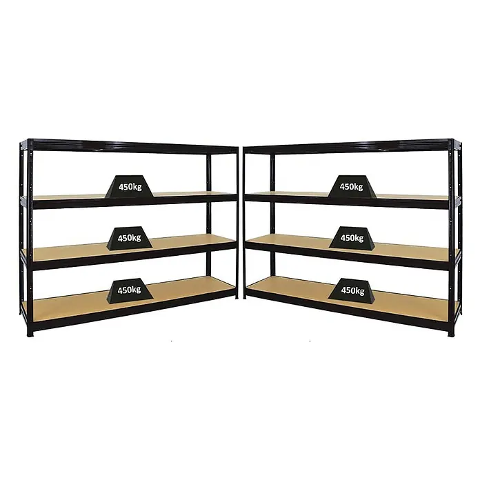 Proregal Schwerlastregal Mega Deal DINO - Traglast pro Boden: 450 kg, Anzahl Böden: 4 Stk., Stecken, Schwarz - Zwei schwarze Metallregale mit drei Regalböden, die jeweils mit einem 450kg Gewicht belastet sind. Die Regale bieten viel Stauraum.