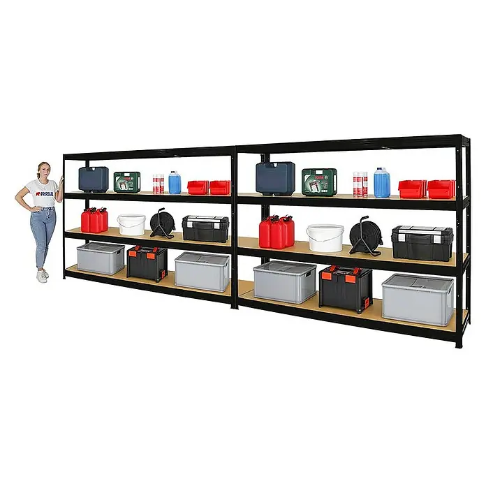 Proregal Schwerlastregal Mega Deal DINO - Traglast pro Boden: 450 kg, Anzahl Böden: 4 Stk., Stecken, Schwarz - Abbildung eines schwarzen Metallregals mit Holzregalböden, auf denen diverse Behälter und Kisten stehen, daneben eine Frau zur Größenorientierung.