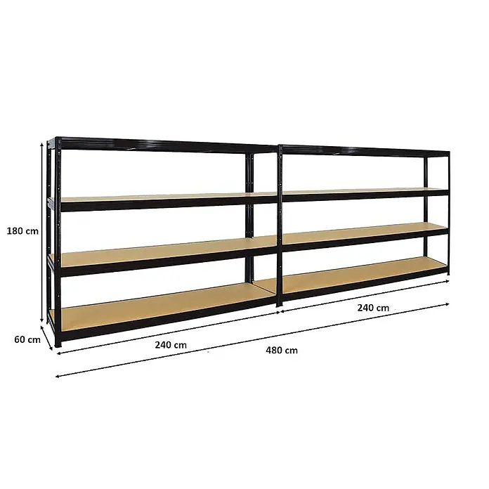Proregal Schwerlastregal Mega Deal DINO - Traglast pro Boden: 450 kg, Anzahl Böden: 4 Stk., Stecken, Schwarz - Regal mit vier Regalböden aus Metall und Holz, mit den Maßen 180 cm Höhe, 60 cm Tiefe, 240 cm Breite pro Element.