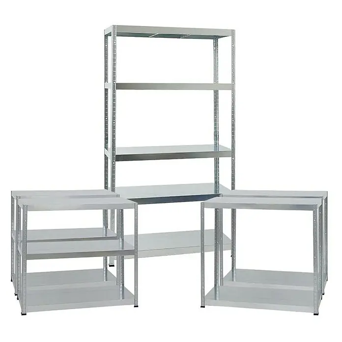 Proregal Metallregal Mega Deal Steel Eagle - Traglast pro Boden: 130 kg, Anzahl Böden: 5 Stk., Stecken, Verzinkt - Abgebildet sind mehrere silberne Metallregale unterschiedlicher Größe, die eine flexible Aufbewahrungslösung bieten.