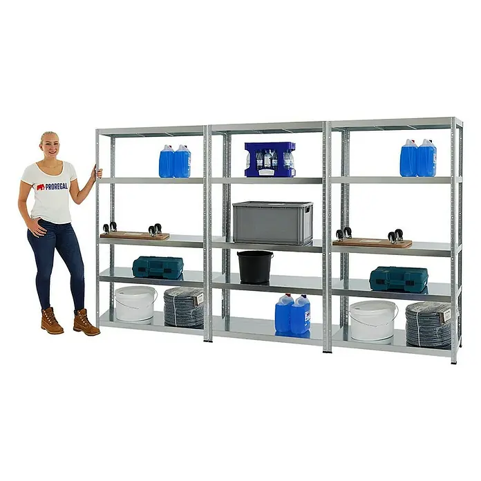 Proregal Metallregal Mega Deal Steel Eagle - Traglast pro Boden: 130 kg, Anzahl Böden: 5 Stk., Stecken, Verzinkt - Ein übersichtliches Bild von einem vollgepackten Metallregal, das eine vielseitige und robuste Lösung für die Lagerung verschiedener Gegenstände bietet.