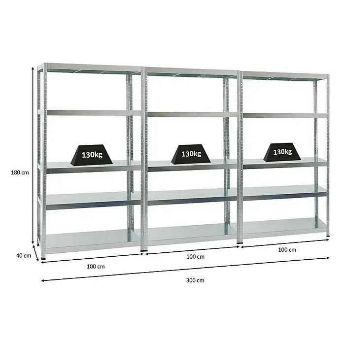 Proregal Metallregal Mega Deal Steel Eagle - Traglast pro Boden: 130 kg, Anzahl Böden: 5 Stk., Stecken, Verzinkt - Ein robustes, silbernes Metallregal mit fünf Ablagen, wobei jede Ebene bis zu 130 kg tragen kann, ideal für Lager und Werkstatt.