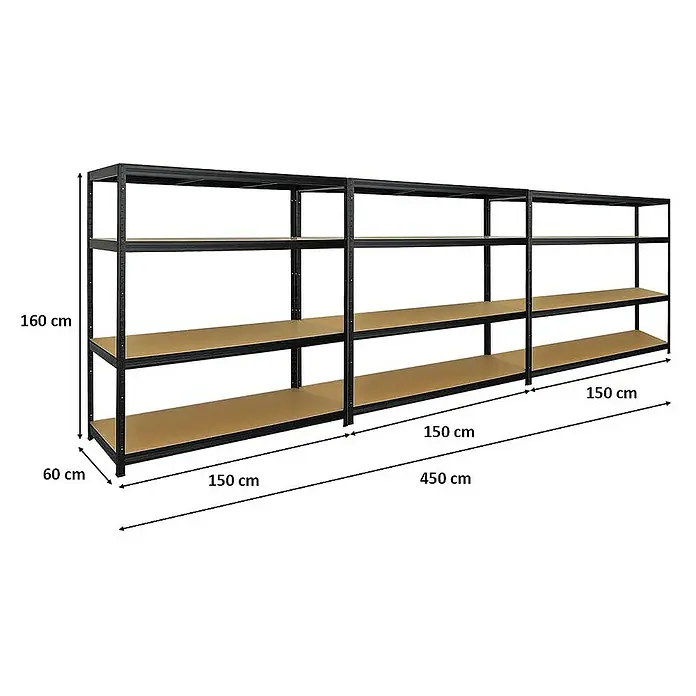 Proregal Schwerlastregal Mega Deal Giant Elephant - H x B x T: 160 x 150 x 60 cm, Traglast pro Boden: 200 kg, Anzahl Böden: 4 Stk., Stecken, Schwarz - Metallregal mit drei Regalteilen, ideal für Lagerung. Seine Abmessungen sind 450 cm breit, 160 cm hoch und 60 cm tief.