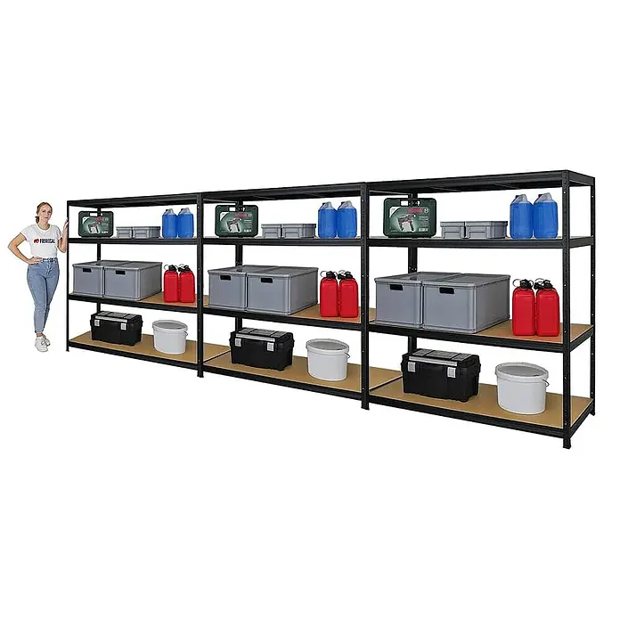 Proregal Schwerlastregal Mega Deal Giant Elephant - H x B x T: 160 x 150 x 60 cm, Traglast pro Boden: 200 kg, Anzahl Böden: 4 Stk., Stecken, Schwarz - Das Bild zeigt ein Regal mit vier Ebenen, das mit verschiedenen Gegenständen wie Boxen und Behältern gefüllt ist.