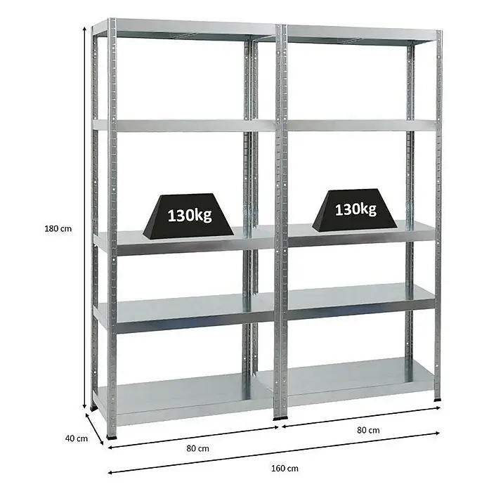 Proregal Metallregal Mega Deal Steel Eagle - Traglast pro Boden: 130 kg, Anzahl Böden: 5 Stk., Stecken, Verzinkt - Abbildung eines silbernen Metallregals mit fünf Ebenen, inklusive Maßangaben für Höhe, Breite und Tiefe.