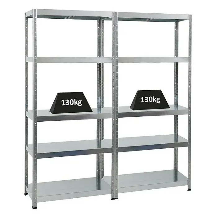 Proregal Metallregal Mega Deal Steel Eagle - Traglast pro Boden: 130 kg, Anzahl Böden: 5 Stk., Stecken, Verzinkt - Regal mit Metallrahmen und mehreren Regalböden, das jeweils mit 130kg belastet ist. Ideal für Lagerung und Organisation.