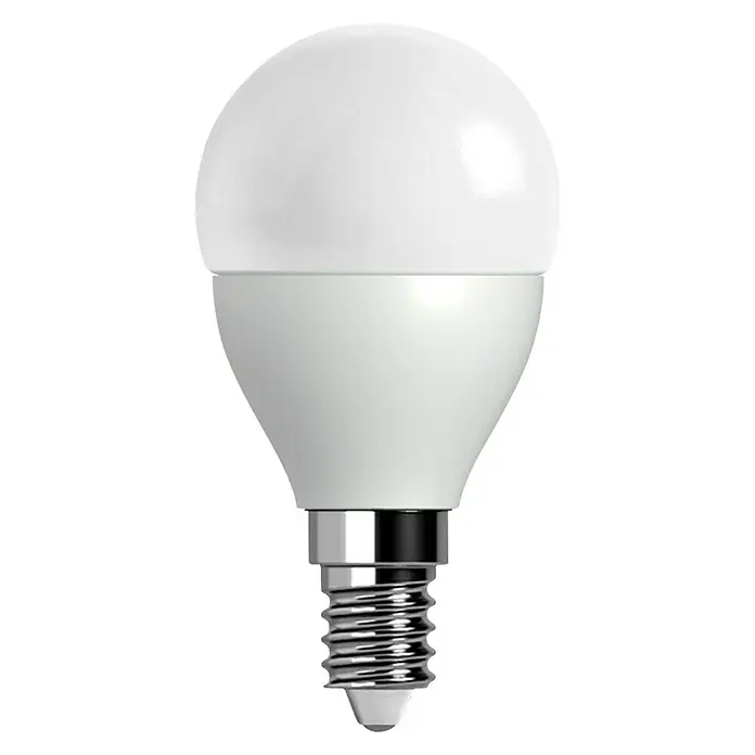 Voltolux Bombilla LED - E14, No regulable, Blanco cálido, 470 lm, 2.700 K, 5 W, Gota - Primer plano de una bombilla LED E14. La bombilla es blanca y tiene forma redonda. Ideal para usarla en diversos accesorios de iluminación.