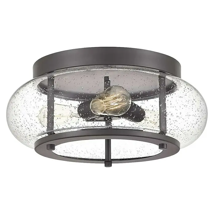 Elstead Deckenleuchte Trilogy - 60 W, L x B x H: 40,6 x 40,6 x 18 cm, Altbronze, E27 - Nahaufnahme einer Deckenleuchte mit mehreren Glühbirnen und einem transparenten, gefleckten Lampenschirm.