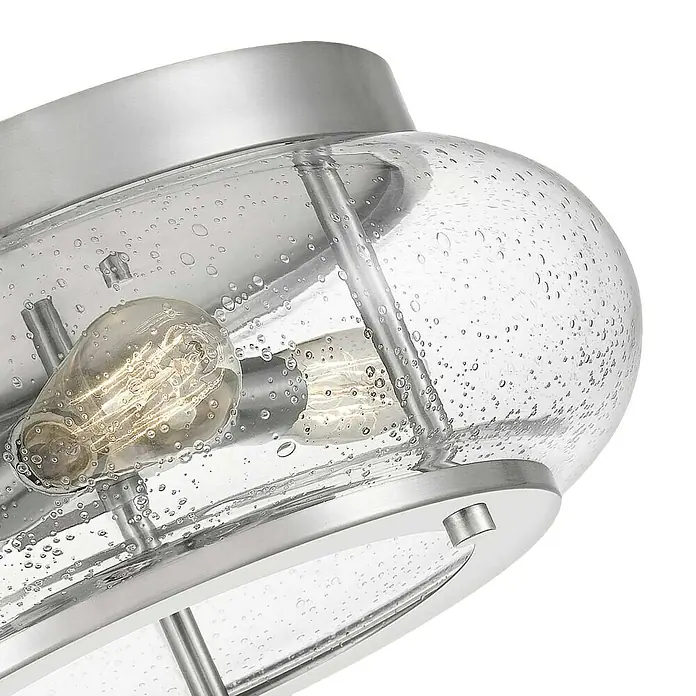 Elstead Deckenleuchte Trilogy - 60 W, L x B x H: 40,6 x 40,6 x 18 cm, Nickel, E27 - Nahaufnahme einer Deckenleuchte mit mehreren Glühbirnen und einem transparenten, mit Wassertropfen versehenen Lampenschirm.