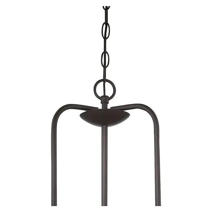 Elstead Pendelleuchte Trilogy - 60 W, Farbe Gehäuse: Schwarz, 40,6 x 40,6 x 50,8 cm, Ohne Leuchtmittel - Nahaufnahme einer eleganten, bronzefarbenen Pendelleuchte mit Kettenaufhängung, die ein warmes, einladendes Licht verspricht.