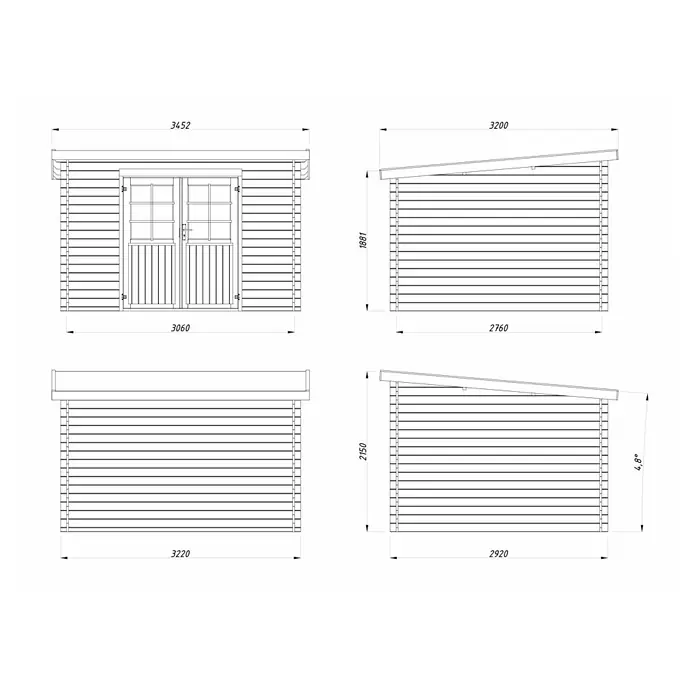 Palmako Gartenhaus Lola - Außenmaß inkl. Dachüberstand (B x T): 346 x 320 cm, Holz, Braun - Technische Zeichnung eines Holzgartenhauses mit Doppeltür und Pultdach, Ansichten von vorne, hinten und seitlich mit Maßangaben.