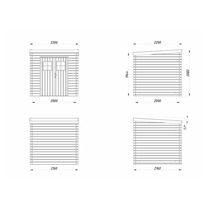 Palmako Gartenhaus Zoe - Außenmaß inkl. Dachüberstand (B x T): 220 x 220 cm, Holz, Braun - Zeichnung eines Gartenhauses mit Maßen, die Details wie Tür, Neigung und Gesamtabmessungen zeigt.