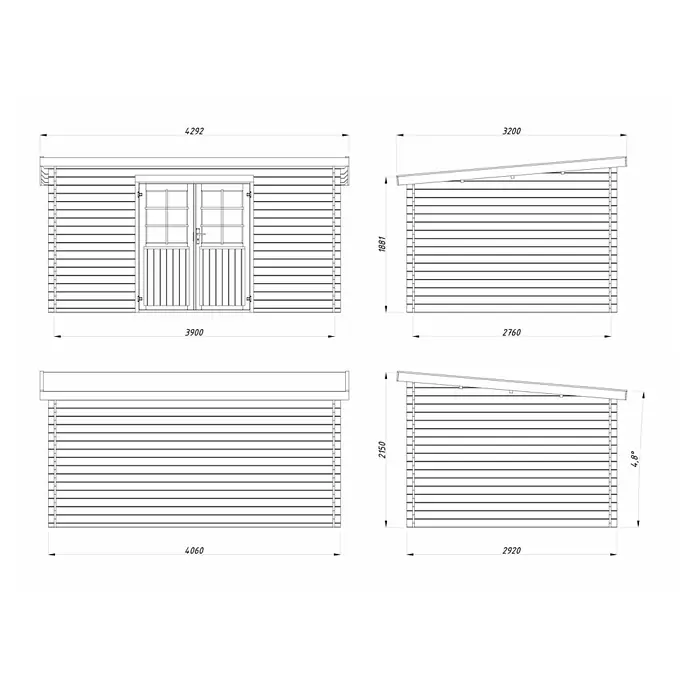 Palmako Gartenhaus Lola - Außenmaß inkl. Dachüberstand (B x T): 430 x 390 cm, Holz, Braun - Detaillierte Baupläne eines Holzgartenhauses mit Maßen und Ansichten von vorne, von der Seite und von oben.