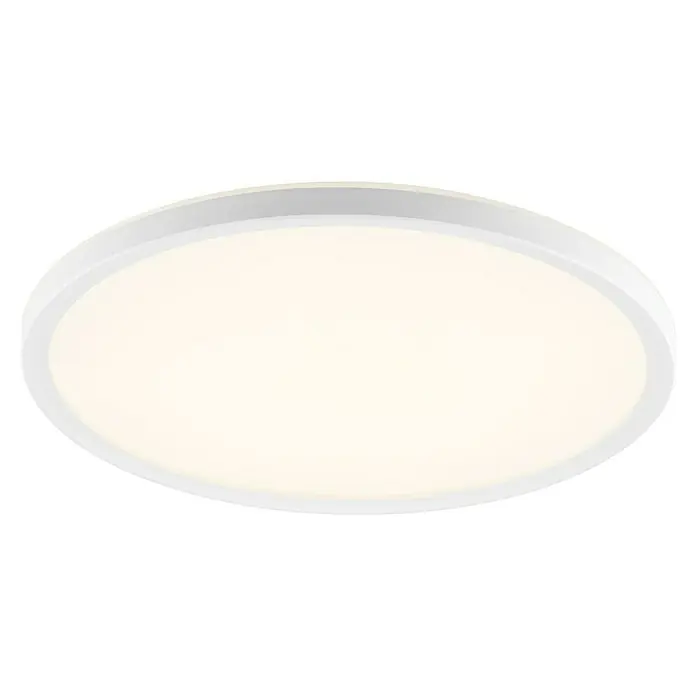 Brilliant LED-Deckenleuchte rund Lunera - 18 W, Ø x H: 29,3 x 2,9 cm, Weiß, Warmweiß - Diese Aufnahme zeigt eine kreisförmige Deckenleuchte mit weißem Rahmen und einer leuchtend weißen, runden Fläche.