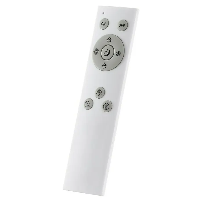 Brilliant LED-Deckenleuchte Lunera - 22 W, L x B x H: 42 x 42 x 2,9 cm, Weiß, Neutralweiß - Nahaufnahme einer weißen Fernbedienung mit grauen Knöpfen zur Steuerung verschiedener Funktionen.