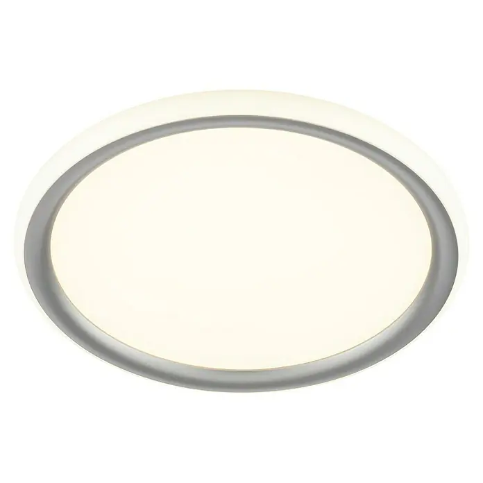 Brilliant LED-Deckenleuchte rund Carlos - 16 W, Ø x H: 30 x 2,9 cm, Weiß, Warmweiß - Elegante runde Deckenleuchte mit einem schlanken, silbernen Rahmen und einem weichen, diffusen Licht für eine moderne Atmosphäre.