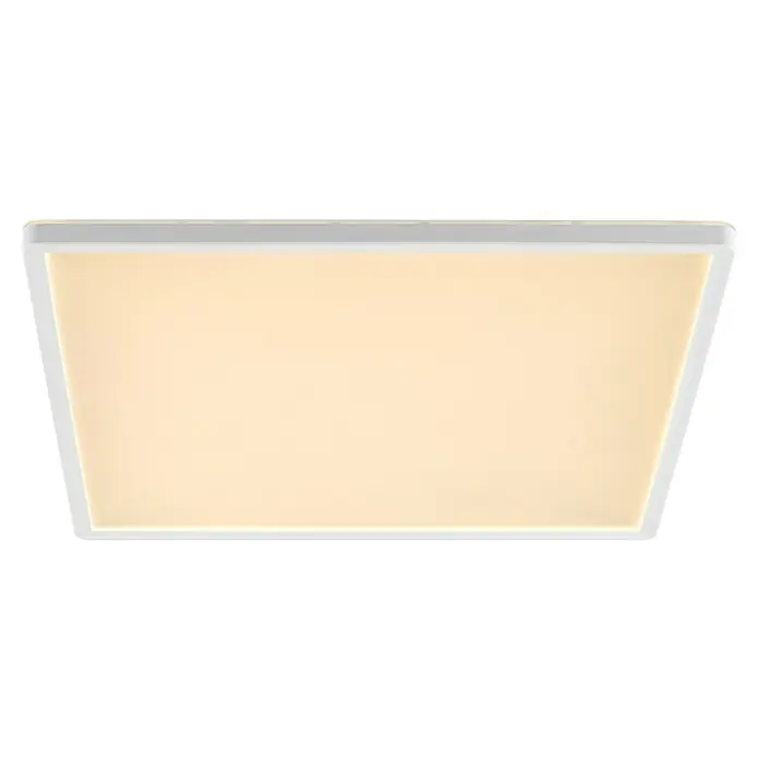 Brilliant LED-Deckenleuchte Lunera - 22 W, L x B x H: 42 x 42 x 2,9 cm, Weiß, Neutralweiß - Nahaufnahme einer modernen, quadratischen Deckenleuchte mit sanftem, warmem Licht und minimalistischem Design, ideal für zeitgenössische Innenräume.