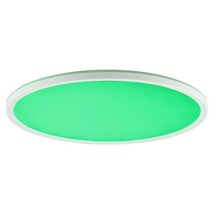 Brilliant LED-Deckenleuchte rund Lunera - 22 W, Ø x H: 42 x 2,9 cm, Weiß, RGBW - Runde LED-Deckenleuchte mit grünem Licht und weißem Rahmen für moderne Innenräume.