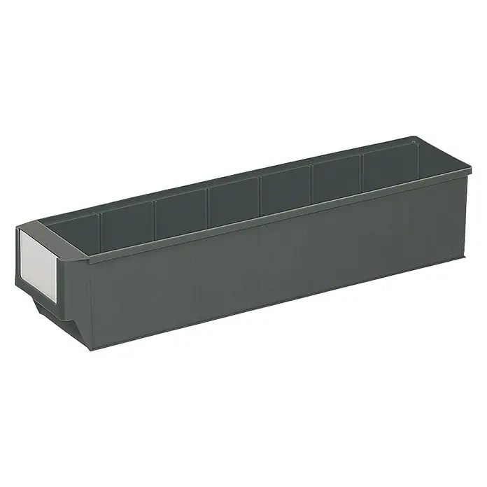 Lockweiler Sichtlagerkasten LB 400 E - 400 x 91 x 81 mm, Eisengrau - Grauer Regalkasten mit mehreren Fächern und einem Etikettenhalter vorne zur Aufbewahrung von Kleinteilen oder Werkzeugen.