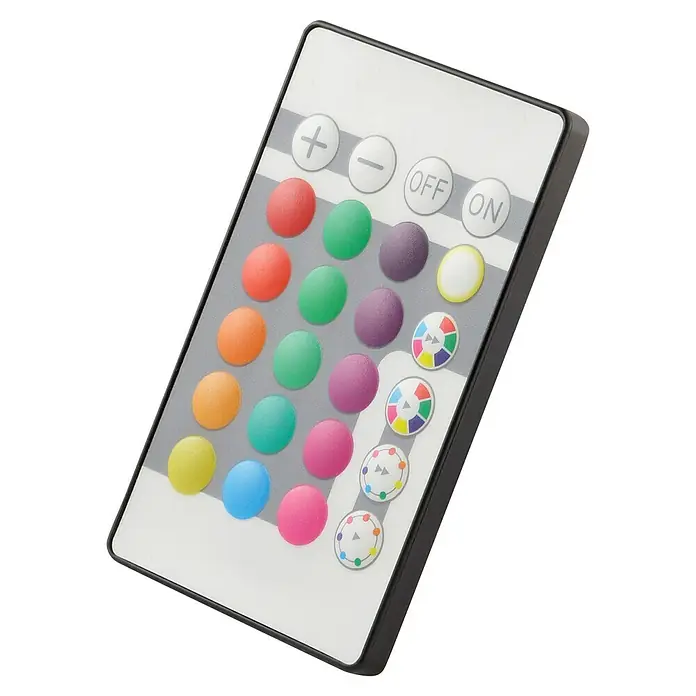 Brilliant LED-Deckenleuchte rund Lunera - 22 W, Ø x H: 42 x 2,9 cm, Weiß, RGBW - Nahaufnahme einer weißen LED-Lichtfernbedienung mit Farb- und Funktionstasten auf einem schwarzen Hintergrund.
