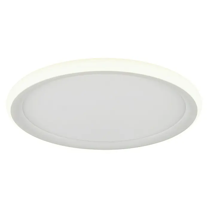Brilliant LED-Deckenleuchte rund Carlos - 16 W, Ø x H: 30 x 2,9 cm, Weiß, Neutralweiß - Nahaufnahme einer runden, flachen LED-Deckenleuchte mit weißem Rahmen und diffusem Licht, ideal für moderne Innenräume.