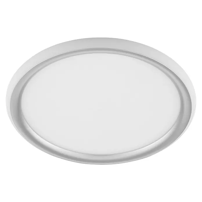 Brilliant LED-Deckenleuchte rund Carlos - 16 W, Ø x H: 30 x 2,9 cm, Weiß, Warmweiß - Ein heller runder Deckenleuchte mit silbernem Rahmen. Sie bietet dezente Beleuchtung für jeden Raum und wirkt sehr modern.