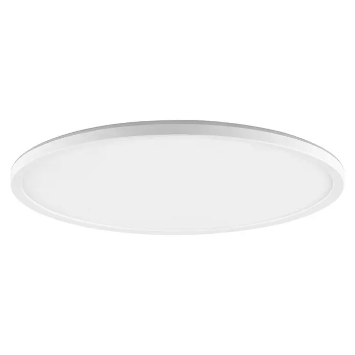 Brilliant LED-Deckenleuchte rund Lunera - 22 W, Ø x H: 42 x 3 cm, Weiß, Warmweiß - Nahaufnahme einer runden, weißen Deckenleuchte mit einem schlichten, modernen Design, ideal für die Beleuchtung von Innenräumen.
