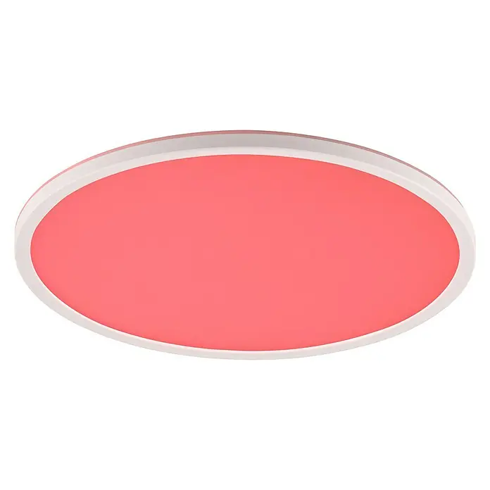 Brilliant LED-Deckenleuchte rund Lunera - 22 W, Ø x H: 42 x 2,9 cm, Weiß, RGBW - Nahaufnahme einer runden, rosafarbenen Deckenleuchte mit weißem Rahmen, die ein sanftes, einheitliches Licht ausstrahlt.