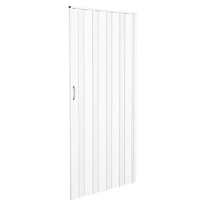 Falttür - PVC, Esche Weiß, 100 x 200 cm - Nahaufnahme einer weißen Falttür mit Griff, die sich ideal für kleine Räume eignet und eine praktische Raumlösung bietet.