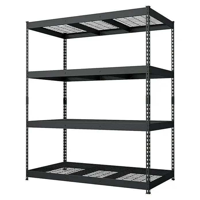 Schwerlastregal Yukon Rivet - H x B x T: 160 x 150 x 80 cm, Traglast pro Boden: 350 kg, Anzahl Böden: 4 Stk., Stecken, Schwarz - Aufnahme eines schwarzen Metallregals mit vier Ebenen und Gitterböden, ideal zur Organisation von Lagerraum in Garage oder Keller.