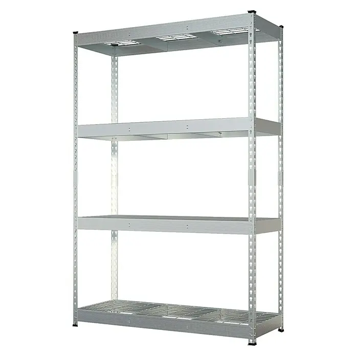 Schwerlastregal Yukon Rivet - H x B x T: 180 x 120 x 45 cm, Traglast pro Boden: 350 kg, Anzahl Böden: 4 Stk., Stecken, Silber - Metallregal mit vier Regalebenen. Das Regal ist aus Stahl gefertigt und bietet viel Stauraum für verschiedene Gegenstände im Lager.