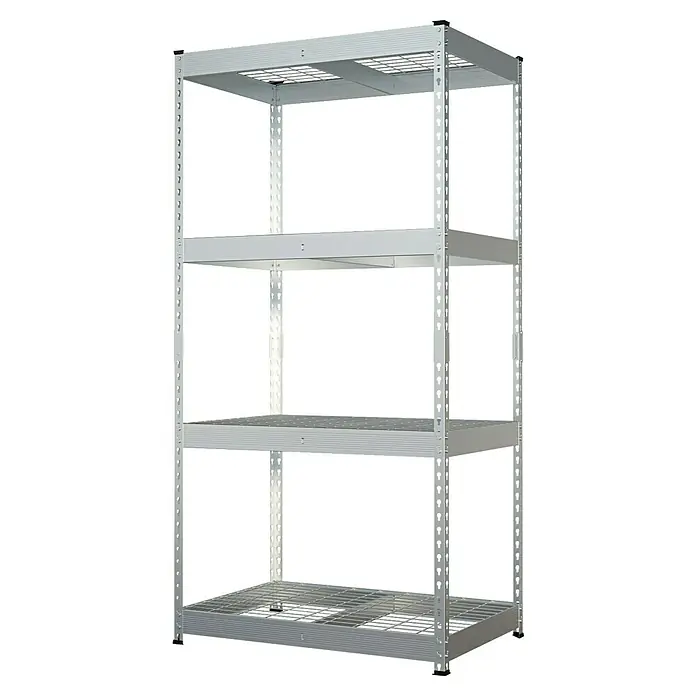 Schwerlastregal Yukon Rivet - H x B x T: 180 x 90 x 60 cm, Traglast pro Boden: 250 kg, Anzahl Böden: 4 Stk., Stecken, Silber - Ein dreistufiges Metallregal mit gelochten Böden, ideal für Lagerung und Organisation. Das Regal ist stabil und langlebig.