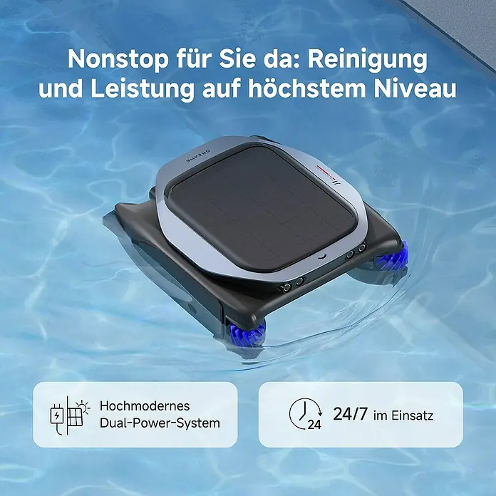 Dreame Poolroboter J1 - Akkubetrieben, Passend für: Pools bis 300m² Grundfläche - Das Bild zeigt einen Poolreinigungsroboter, der im Wasser schwimmt. Es wird mit einem Dual-Power-System betrieben und ist rund um die Uhr einsatzbereit.