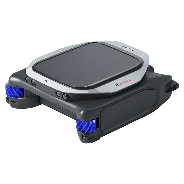 Dreame Poolroboter J1 - Akkubetrieben, Passend für: Pools bis 300m² Grundfläche - Nahaufnahme eines Dreametech J1 Poolreinigungsroboters mit Solarmodul und blauen Turbinen, ideal zur Reinigung von Schwimmbädern.