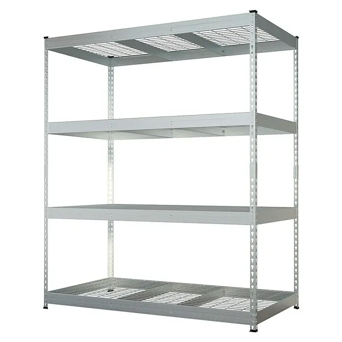 Schwerlastregal Yukon Rivet - H x B x T: 160 x 150 x 80 cm, Traglast pro Boden: 350 kg, Anzahl Böden: 4 Stk., Stecken, Silber - Bild eines silbernen Metallregals mit vier Ebenen. Ideal zur Aufbewahrung und Organisation verschiedener Gegenstände.