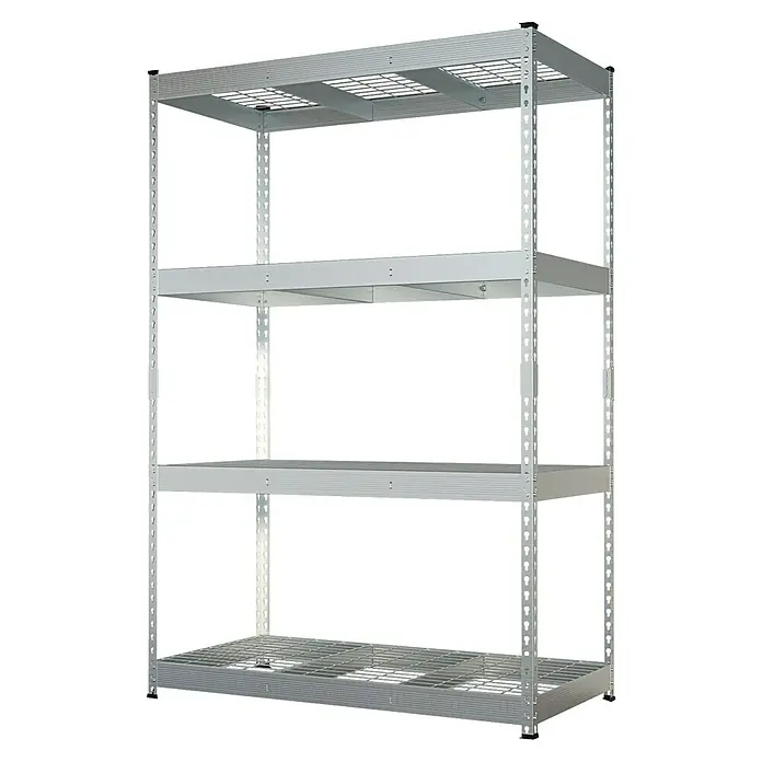 Schwerlastregal Yukon Rivet - H x B x T: 180 x 120 x 60 cm, Traglast pro Boden: 350 kg, Anzahl Böden: 4 Stk., Stecken, Silber - Detailansicht eines robusten, silbernen Metallregals mit vier Ebenen, ideal für Lagerhaltung und Organisation.