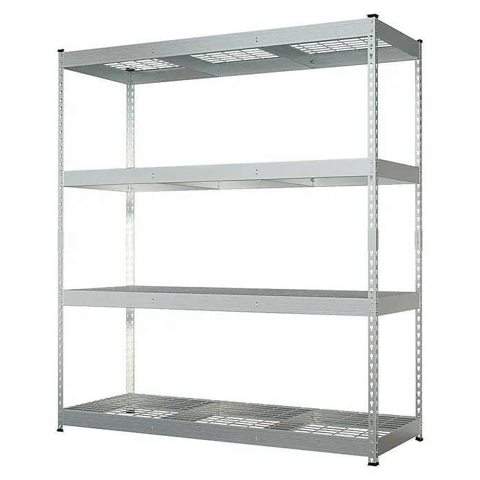 Schwerlastregal Yukon Rivet - H x B x T: 180 x 160 x 60 cm, Traglast pro Boden: 350 kg, Anzahl Böden: 4 Stk., Stecken, Silber - Auf dem Bild ist ein Regal mit vier metallenen Regalböden zu sehen, das eine robuste Aufbewahrungslösung für verschiedene Gegenstände bietet.