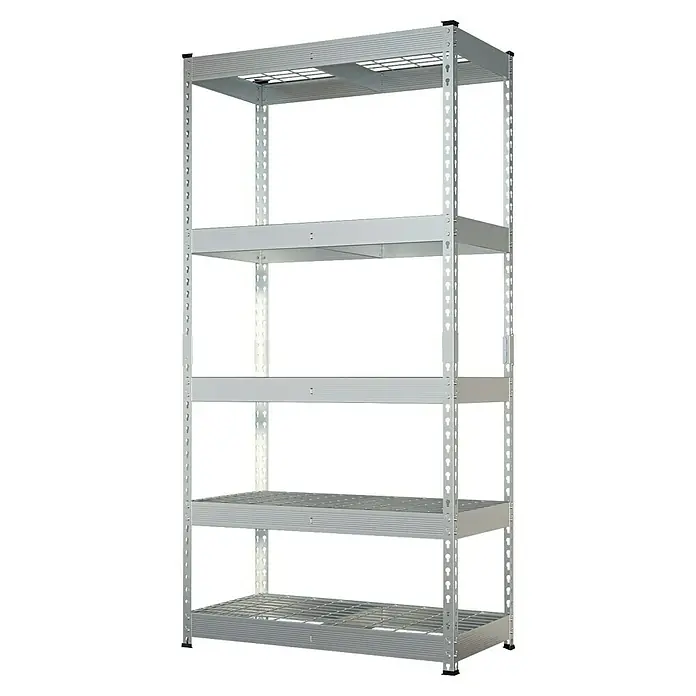 Schwerlastregal Yukon Rivet - H x B x T: 180 x 90 x 45 cm, Traglast pro Boden: 250 kg, Anzahl Böden: 5 Stk., Stecken, Silber - Bild eines modularen, grauen Metallregals mit fünf Ebenen. Das Regalsystem bietet viel Stauraum und ist ideal für Lager und Werkstätten.
