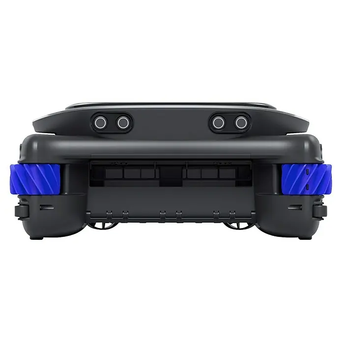 Dreame Poolroboter J1 - Akkubetrieben, Passend für: Pools bis 300m² Grundfläche - Ansicht von hinten eines schwarzen Staubsaugerroboters mit blauen Bürsten und mehreren Sensoren zur Navigation.
