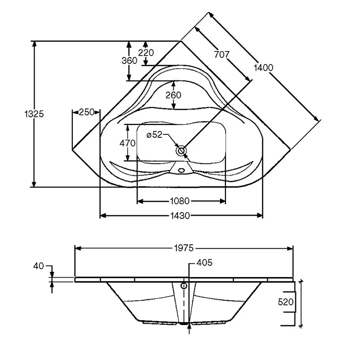 Ottofond Eckbadewanne Valletta - L x B: 140 x 140 cm, Sanitäracryl, Weiß - Technische Zeichnung einer Eckbadewanne mit Maßen, zur Veranschaulichung der Abmessungen.