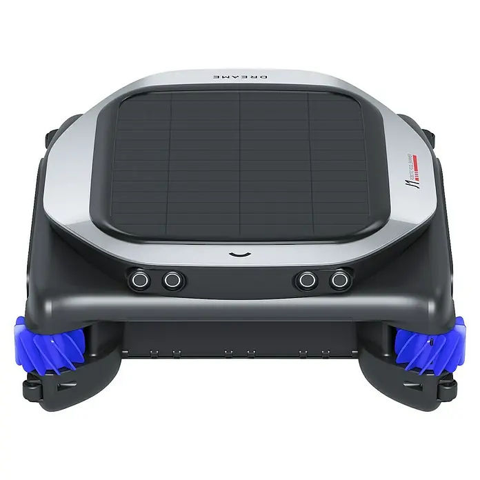 Dreame Poolroboter J1 - Akkubetrieben, Passend für: Pools bis 300m² Grundfläche - Abbildung eines fortschrittlichen, schwarzen und grauen Dreame Poolreinigungsroboters mit blauen Bürsten für die effiziente Poolpflege.