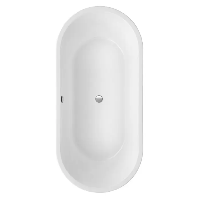 Ottofond Freistehende Badewanne Dorado - L x B: 190 x 90 cm, Sanitäracryl, Weiß - Draufsicht auf eine moderne, freistehende Badewanne in Weiß mit einem eleganten Design und einem mittig platzierten Abfluss.