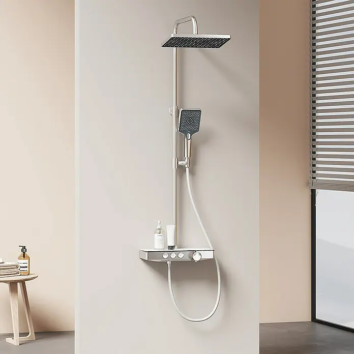 Emke Duschsystem Tastenschalter Duschsäule F09 - Mit Thermostatarmatur, Lochabstand: 70,7 cm, Anzahl Strahlarten: 3 Stk., Chrom - Duschpaneel mit Kopf- und Handbrause sowie Ablagefläche mit Bedienknöpfen für ein entspannendes Duscherlebnis.