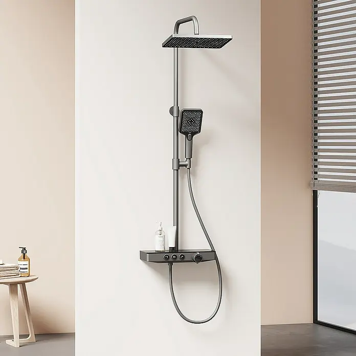Emke Duschsystem Tastenschalter Duschsäule F09 - Mit Thermostatarmatur, Lochabstand: 70,7 cm, Anzahl Strahlarten: 3 Stk., Anthrazit - Duschsäule mit quadratischem Kopf, Handbrause und Ablage mit Bedienelementen. Moderne Badarmatur in edlem Design für ein luxuriöses Duscherlebnis.